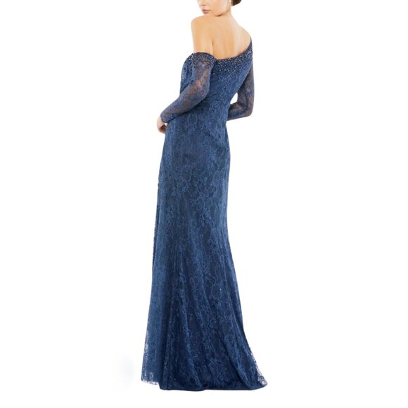 Mac Duggal Size 4 Navy Blue Jeweled Lace Drop Shoulder Long Maxi Gown Dress - Picture 4 of 4